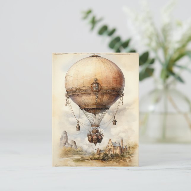 Postal Vintage Steampunk Hot Air Balloon (Anverso de pie)