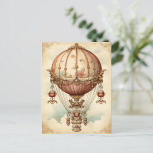 Postal Vintage Steampunk Pink Hot Air Balloon