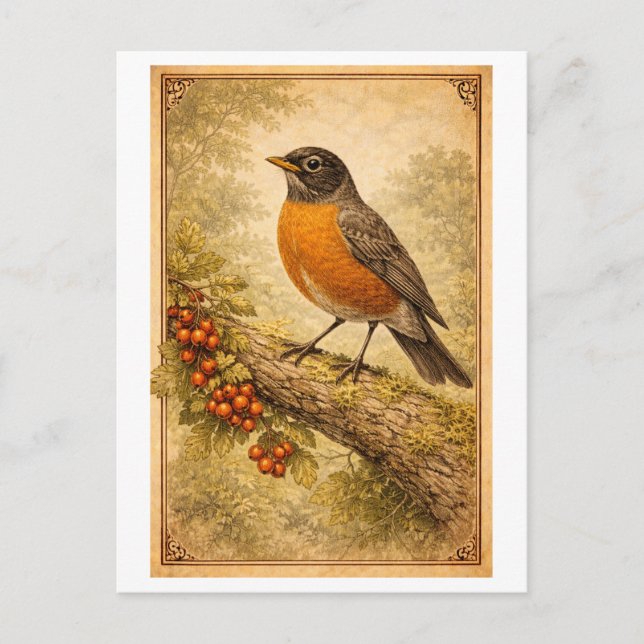 Postal Vintage-Style American Robin Illustration (Anverso)