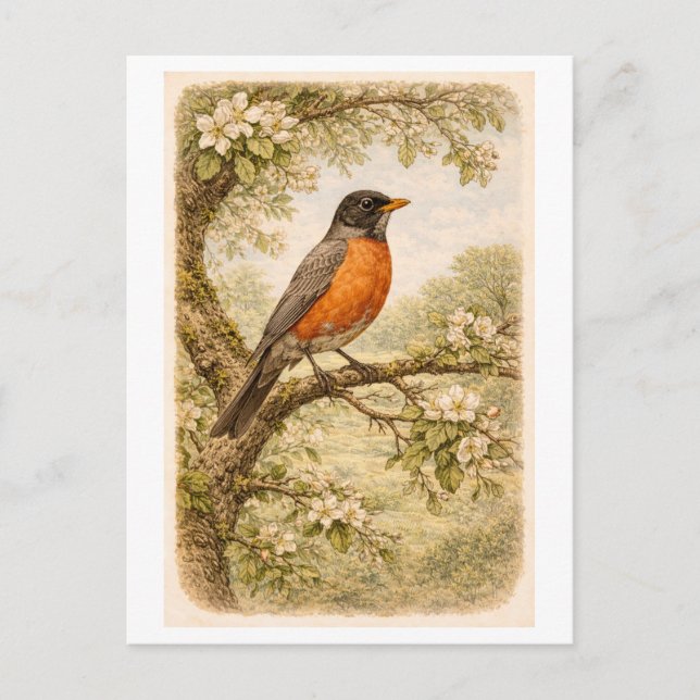 Postal Vintage-Style American Robin lllustration (Anverso)