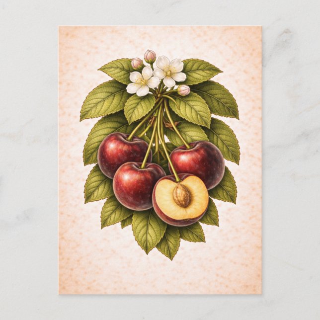 Postal Vintage-Style Cherry Botanical Illustration (Anverso)