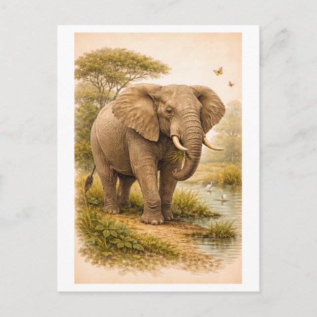 Postal Vintage-Style Elephant Illustration (Anverso)