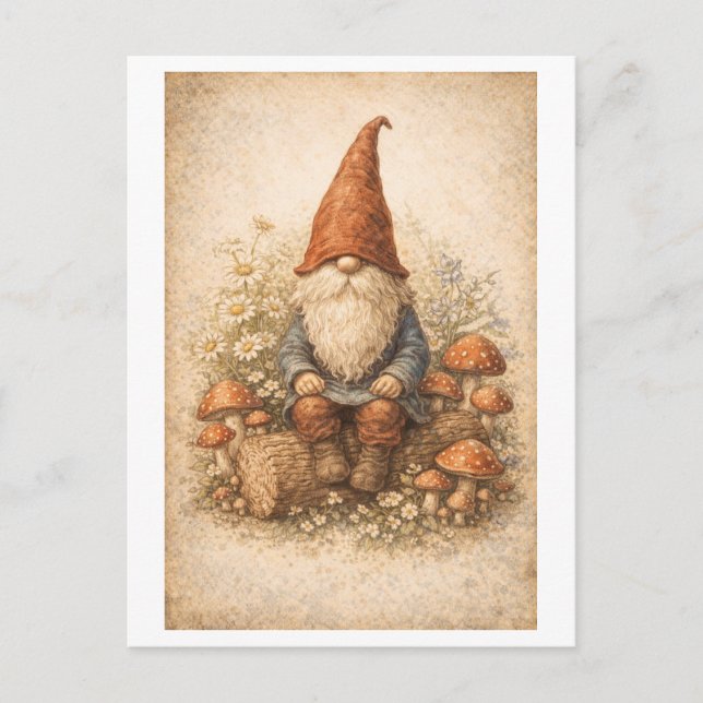 Postal Vintage-Style Gnome on a Log (Anverso)