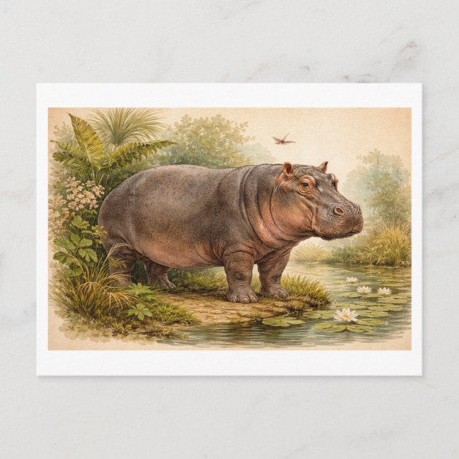 Postal Vintage-Style Hippo Illustration (Anverso)