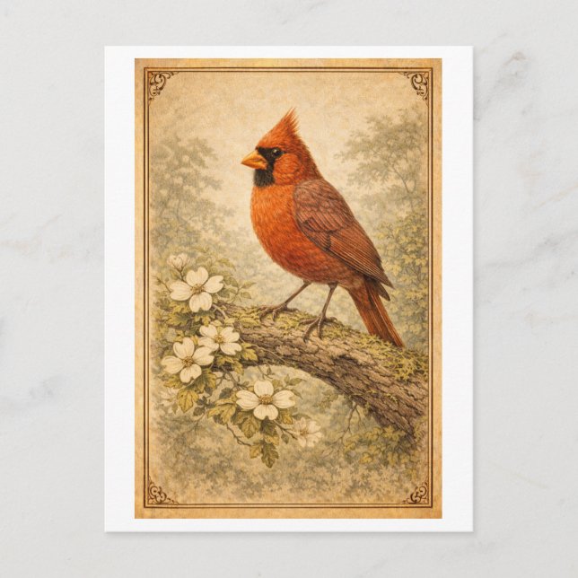 Postal Vintage-Style Male Cardinal Illustration (Anverso)