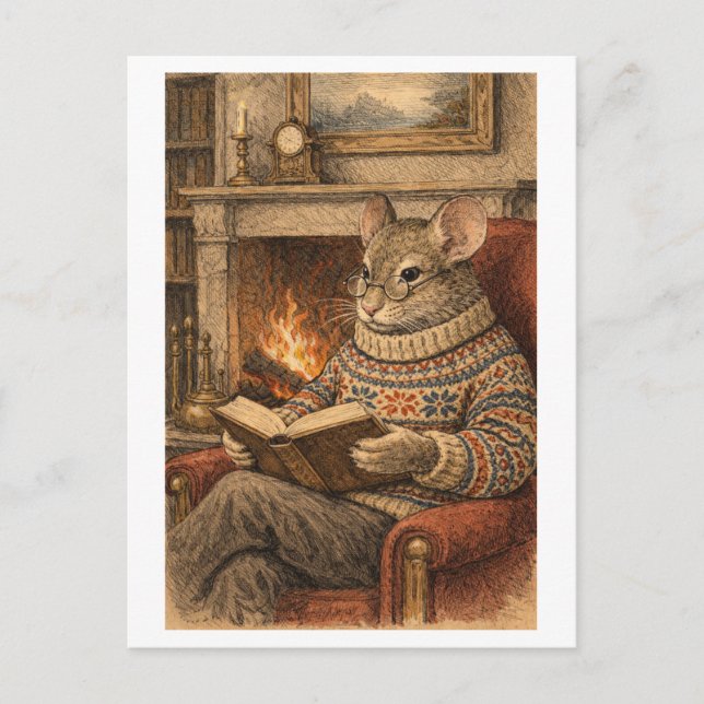 Postal Vintage-Style Mouse Reading a Book (Anverso)