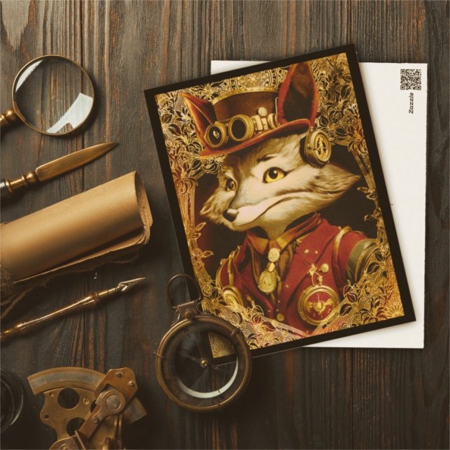 Postal Vintage Style Steampunk Fox (Steampunk Fox postcard vintage style)
