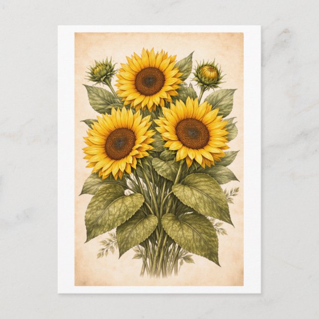 Postal Vintage-Style Sunflower Botanical Illustration (Anverso)