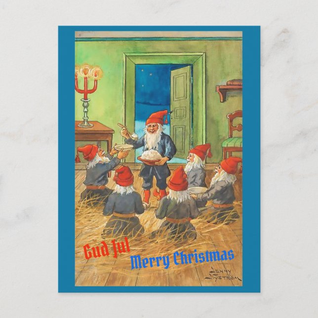 Postal Vintage sueco Tomten / Tomte y Navidades Pudding (Anverso)