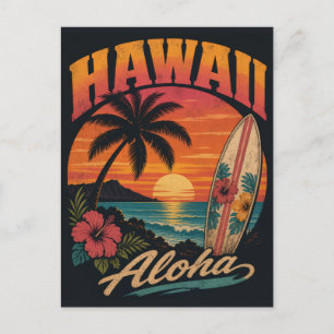Postal Vintage Sunset Palms Surfboard Aloha Hawaiano