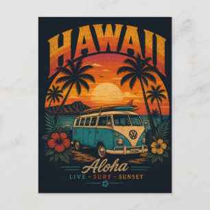 Postal Vintage Sunset Palms Surfboard Aloha Hawaiano