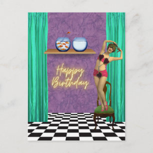 Postal Vintage Swimmer Funky Alterado Art Birday