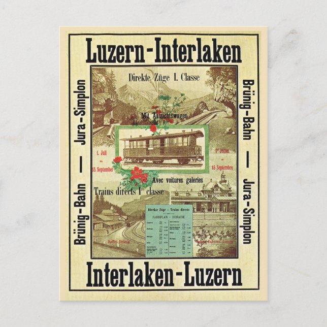 Postal Vintage Swiss Railway, Luzern Interlaken (Anverso)
