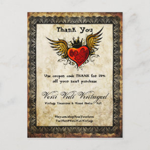 Postal Vintage Tattoo Winged Heart Gracias Cupón