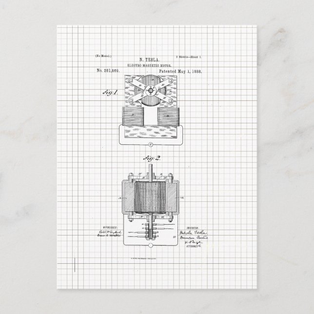 Postal Vintage Tesla Electro Magnetic Motor Patente (Anverso)