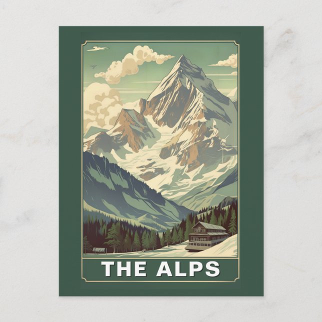 Postal Vintage The Alps Travel Skiing Mountain Lodge (Anverso)
