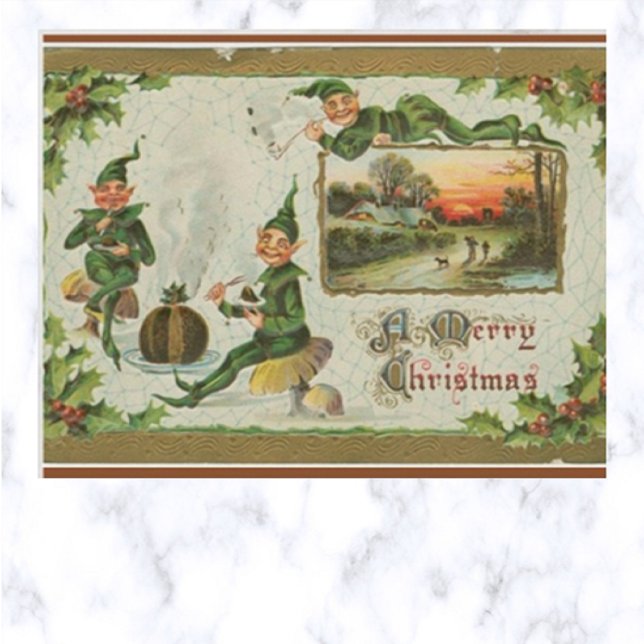 Postal Vintage Three Elves y Plum Pudding Navidades (Subido por el creador)