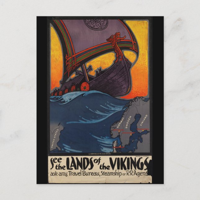 Postal Vintage Travel Poster Land of the Vikings (Anverso)