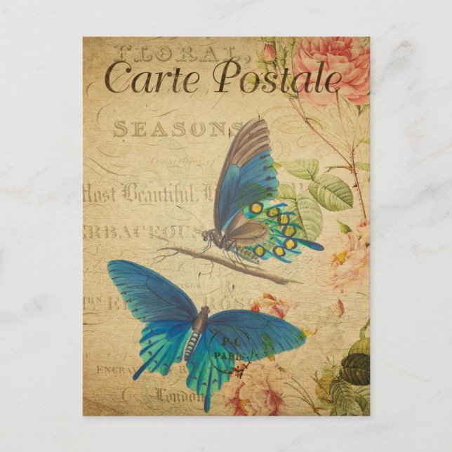 Postal Vintage Two Blue Butterflies Flores Florales Franc (Anverso)