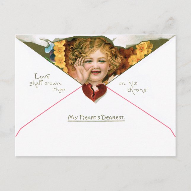 Postal Vintage Valentine Cherub con flores amarillas (Anverso)
