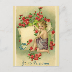 Postal Vintage Valentine Cherub rodeado de rosas rojas
