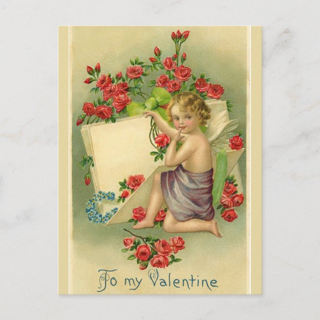 Postal Vintage Valentine Cherub rodeado de rosas rojas (Anverso)