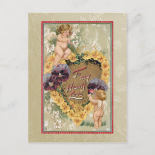 Postal Vintage Valentine Cherubs y Pansies