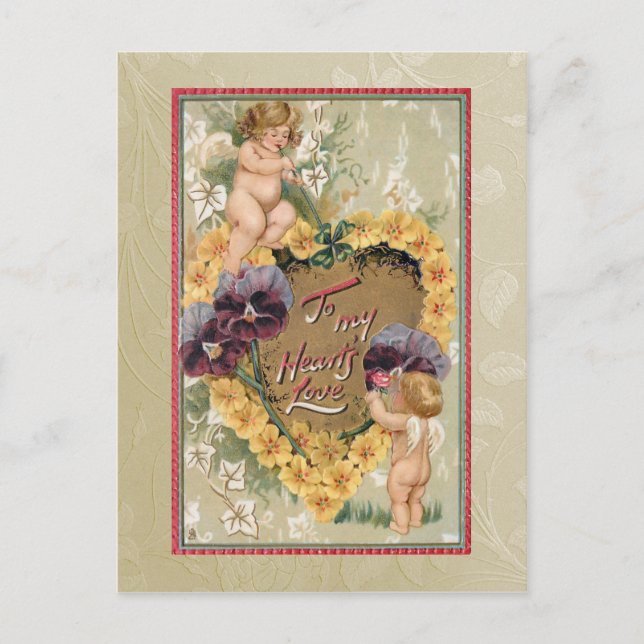 Postal Vintage Valentine Cherubs y Pansies (Anverso)