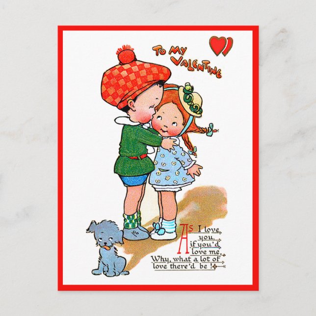 Postal Vintage Valentine Chica y niño con perro (Anverso)