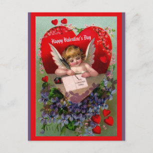 Postal Vintage Valentine copy Angel, Hearts, Flowers