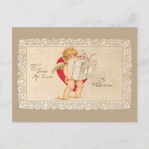 Postal Vintage Valentine Cupid con paquete y corazón rojo