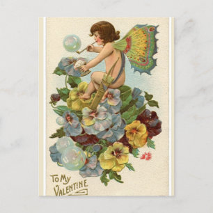 Postal Vintage Valentine Fairy en Pansies Valentine