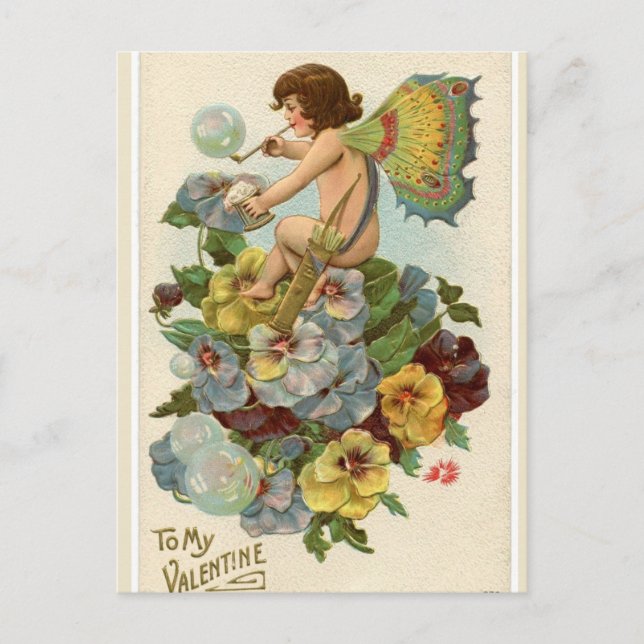 Postal Vintage Valentine Fairy en Pansies Valentine (Anverso)