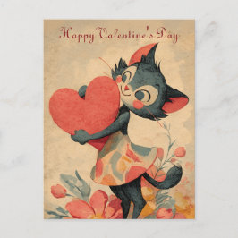 Postal Vintage Valentine`s Day Cat With Heart 