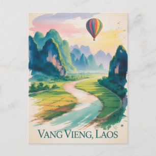 Postal Vintage Vang Vieng Laos Viaje acuarela