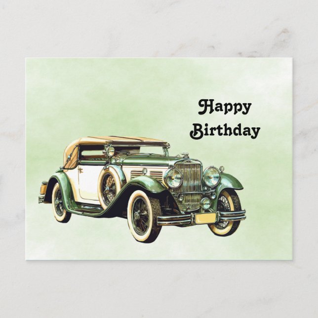 Postal Vintage Verde Acuarela Cumpleaños Auto (Anverso)