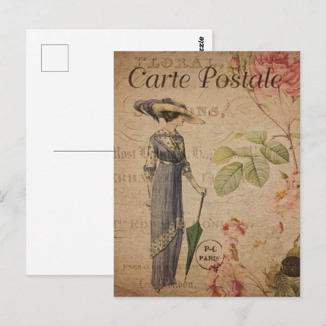 Postal Vintage victoriana con parasol (Anverso / Reverso)
