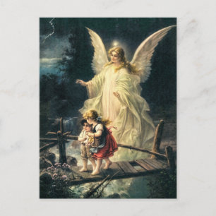 Postal Vintage Wächter Engel und Kinder auf Brücke