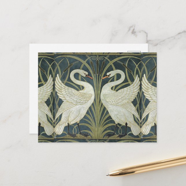 Postal Vintage Walter Crane Swan Rush e Iris (Anverso/Reverso In Situ)