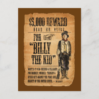 Postal Vintage Wanted / Reward Poster para Billy the Kid