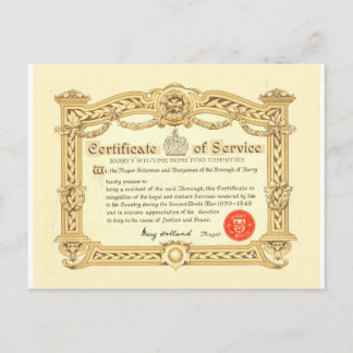 Postal Vintage, War Service Cerificate, World War 2, 1945