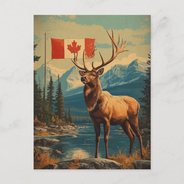 Postal Vintage Weißwedelhirsch in Kanada mit Flagge (Anverso)