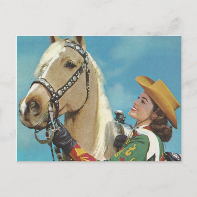 Postal Vintage Western Cowgirl y Palomino Horse (Anverso)