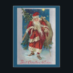 Postal Vintage Winter Santa con Presents<br><div class="desc">Nostálgico ilustracion de Navidades restaurado de la era victoriana, con Santa Claus de púas rojas, llevando una bolsa de regalos y un árbol en la nieve con un cielo azul oscuro de invierno y una estrella de oro brillante. El color del borde es modificable. "Los mejores deseos de los Navidades"...</div>