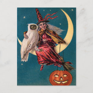 Postal Vintage Witch and Owl Feliz saludo de Halloween