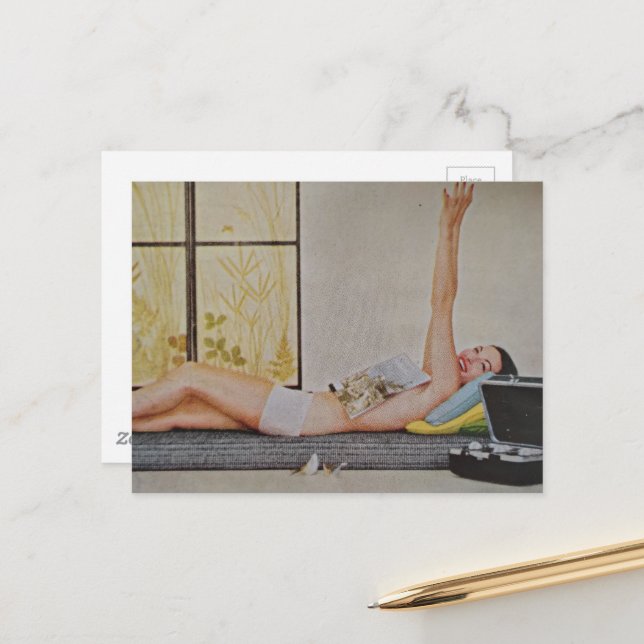 Postal Vintage woman 1957 weight loss ad (Anverso/Reverso In Situ)