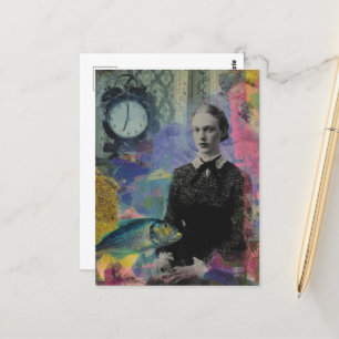 Postal Vintage Woman With Fish Mixed Media Collage