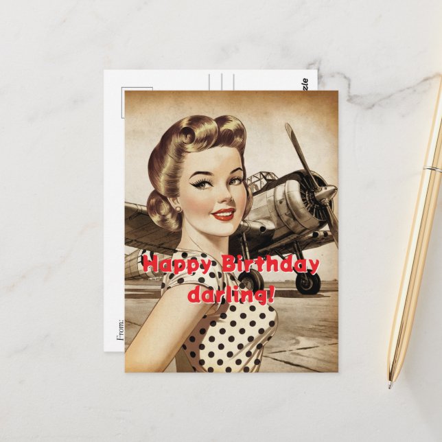 Postal Vintage Woman & WW2 Airplane, Elegant Birthda (Anverso/Reverso In Situ)