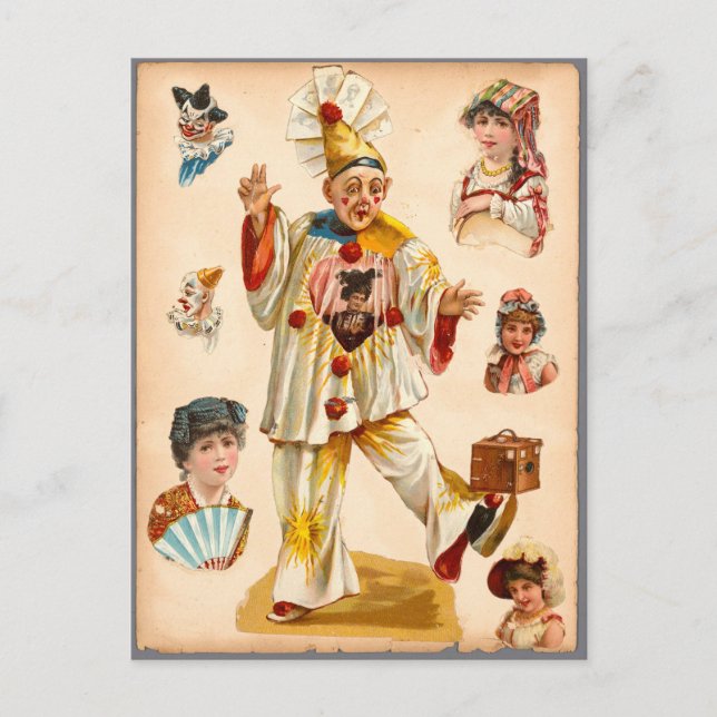 Postal Vintage Women & Circus Clowns Ephemera Collage (Anverso)