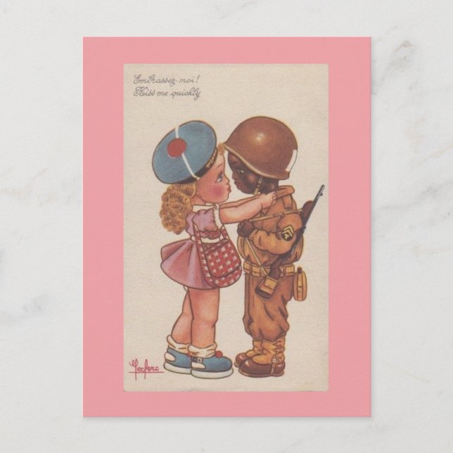 Postal Vintage WWii Pareja Mixta Besos Valentine (Anverso)